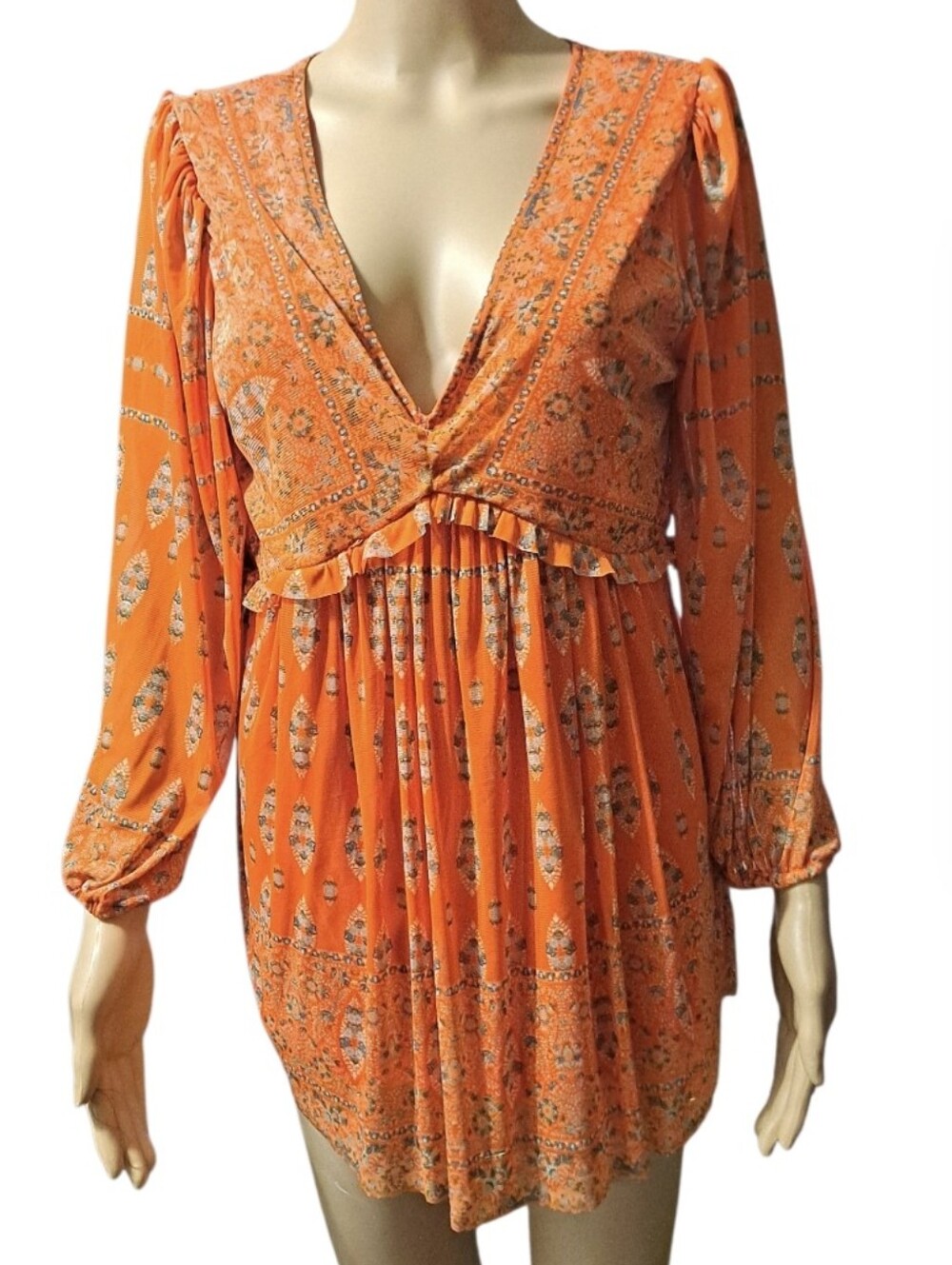 Rose + Olive Orange Boho V-Neck Long Sleeve Top